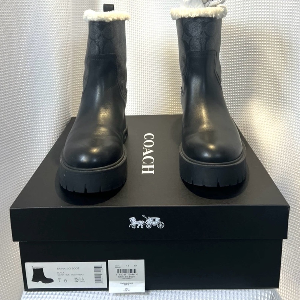 SOLD - NIB COACH Raina Signature Boot Black on black Jacquard Women's